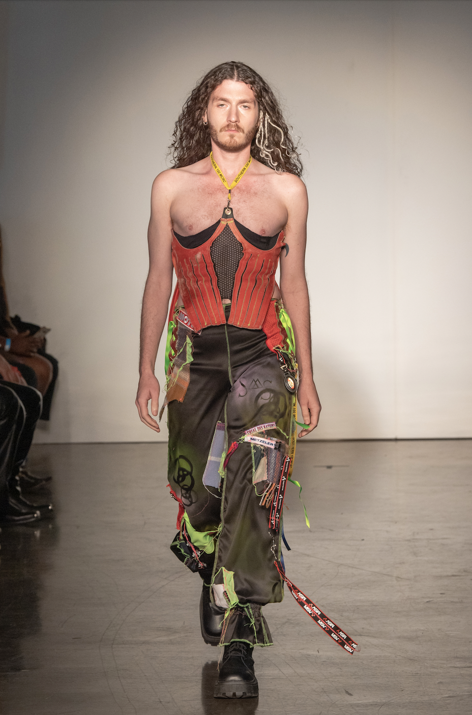 Racer-red Corset and Combat Pants from 'Noa Nostalgia' by Shannen Maria Samuel. Photo: Oxford Fashion Studio
