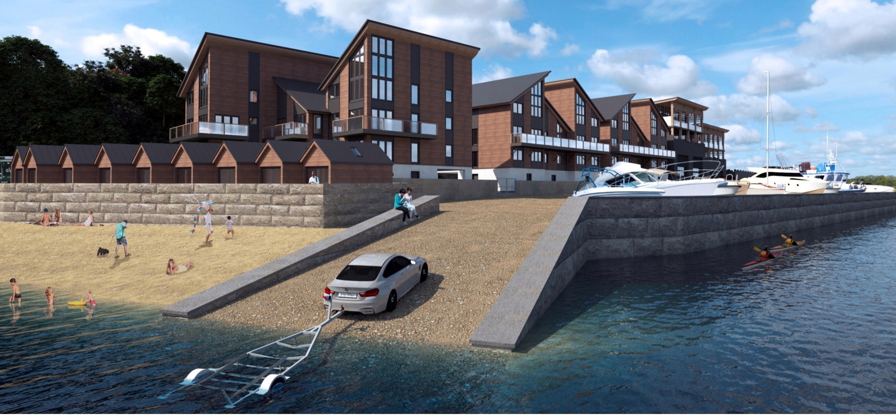 A artist’s impression of the plan for the regeneration of the Riverside Boatyard in Teignmouth (Image MJS).
Teignmouth Maritime Properties Ltd says it is delighted to unveil its plans for the multimillion-pound regeneration of the Riverside Boatyard in Teignmouth with a first 3D visualisation of the project.
Plans for Riverside Regeneration Project would see the existing Riverside Boatyard at Bishopsteignton Road on the edge of the town be converted into a mixed-use development combining housing, holiday accommodation, industrial units and offices, while improving the existing boat storage and repair facilities.