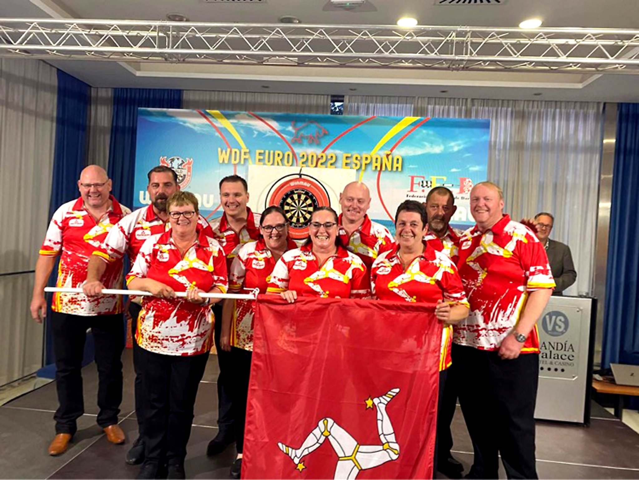 Isle of Man Darts Organisation teams - Team photo left to right - John Halsall (men's team manager), Rob Corrin, Margaret Kelly, Mark Venables, Nikki Bardsley, Janine Halsall, Kevin Lane, Rachel Robertson, Robbie Nelson, Mike Jelski (ladies team manager)