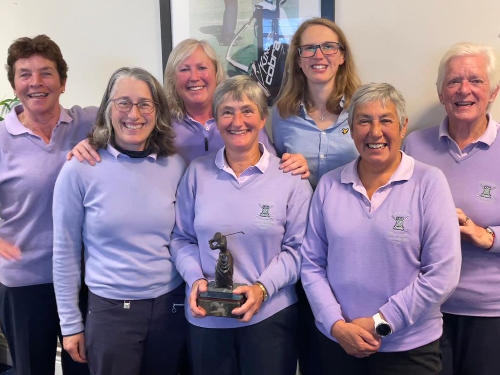 Above, the victorious president’s team; below left, the ladies’ bowmaker team of Elaine Marwood, Di Johnson and Maggie Caws; below right, Warren Crocus pair Lorna Evans (left) and Mary Keir (right) with Dawlish’s lady captain (middle)