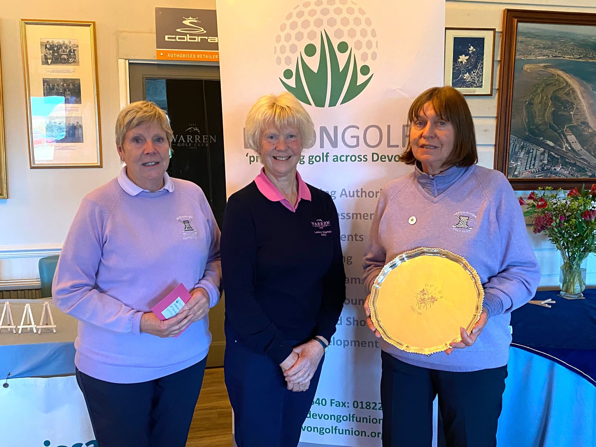 Above, the victorious presidents team; below left, the ladies’ bowmaker team of Elaine Marwood, Di Johnson and Maggie Caws; below right, Warren Crocus pair Lorna Evans (left) and Mary Keir (right) with Dawlish’s lady captain (middle)