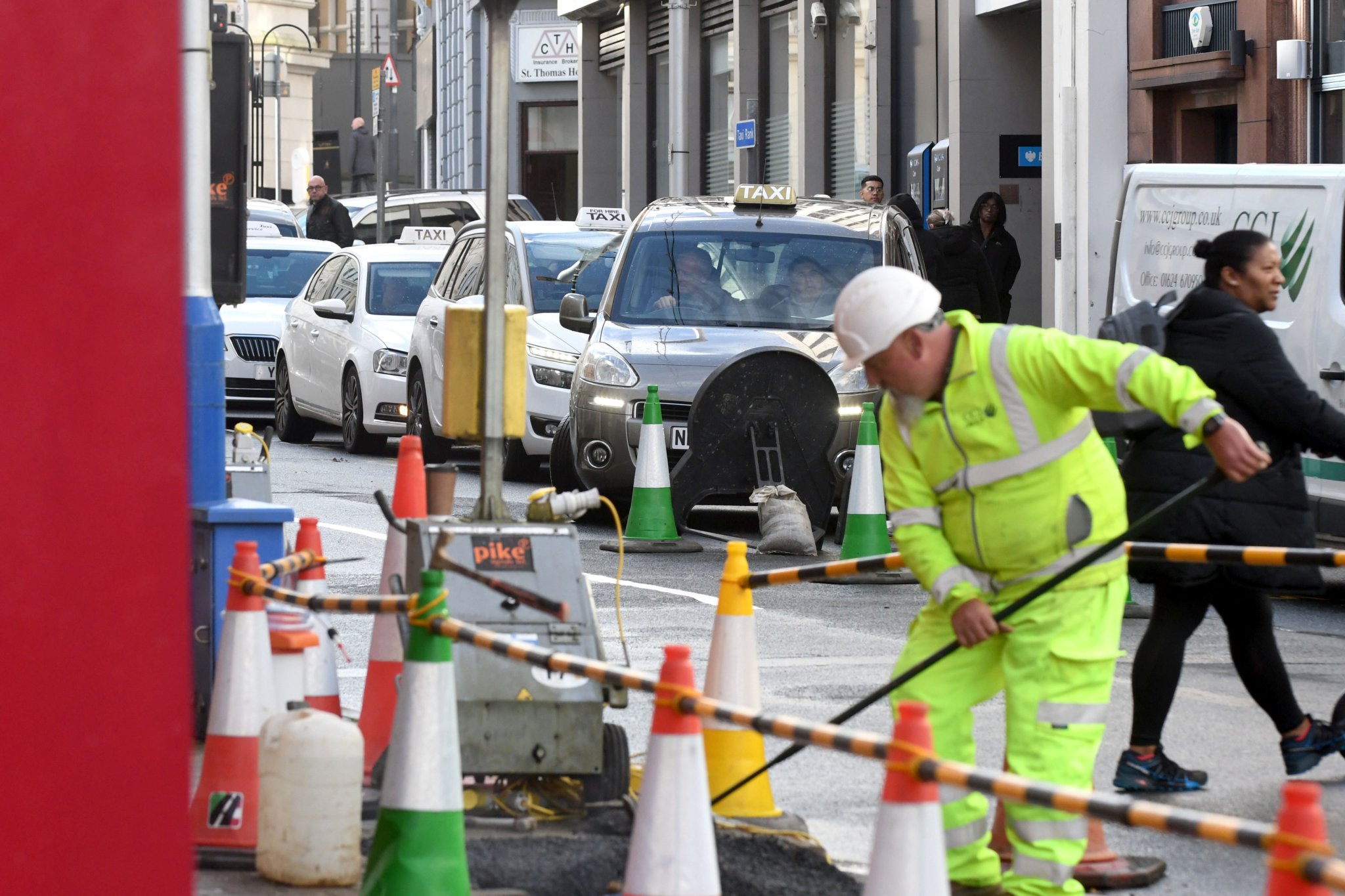 Roadworks on Victoria Street, Douglas, at the pedestrian crossing onto Duke Street -