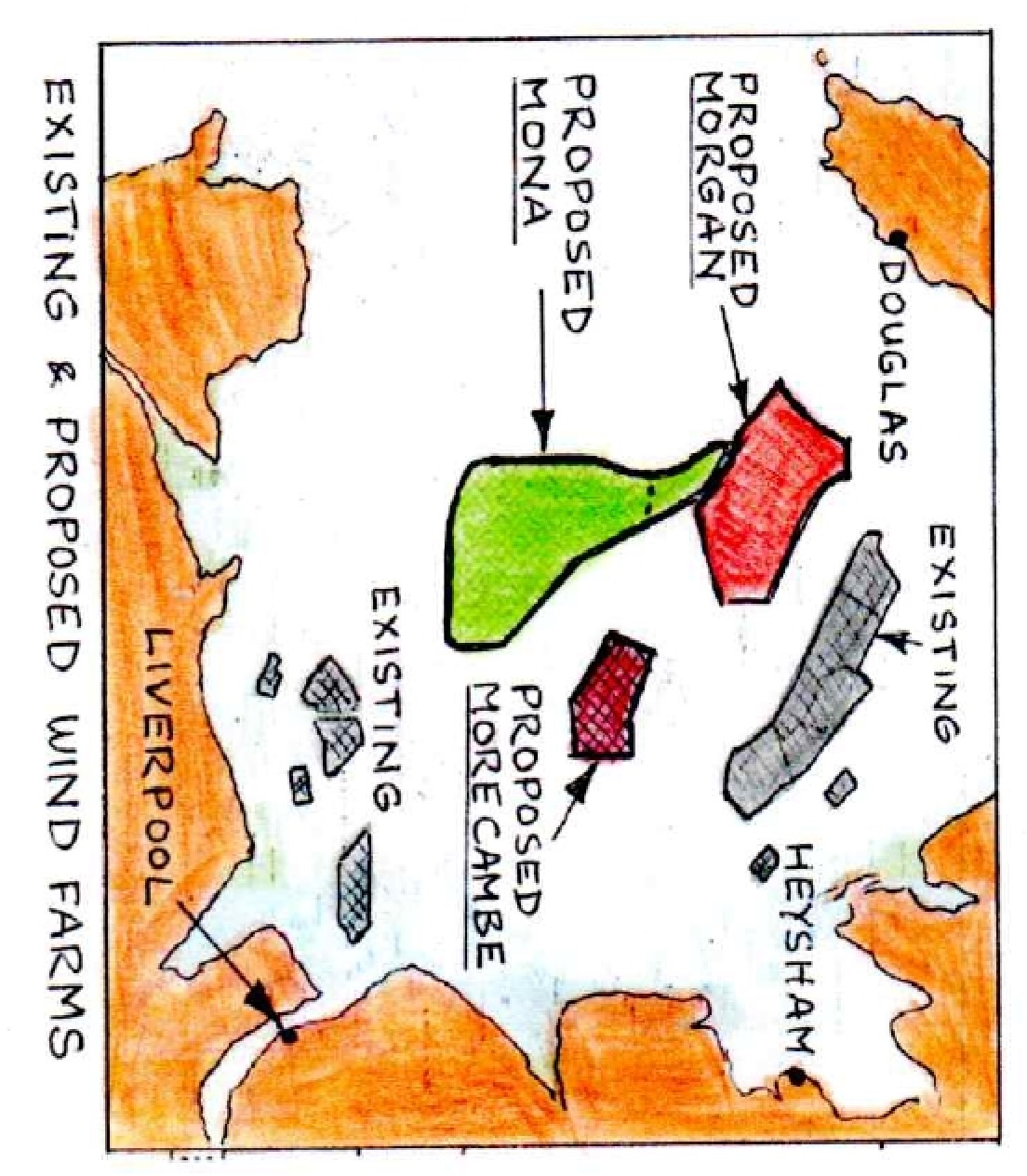 John Pennington has drawn a diagram to illustrate the full of extent of wind farms that could impede Steam Packet routes