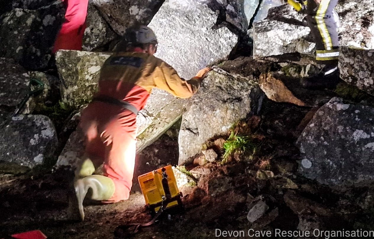 JESS the ‘beautiful dog’ was at the centre of a dramatic multi-agency rescue operation after she became trapped underground at Haytor. Pictures: Devon Cave Rescue Organisation and Buckfastleigh Fire Station (Oc 2022)