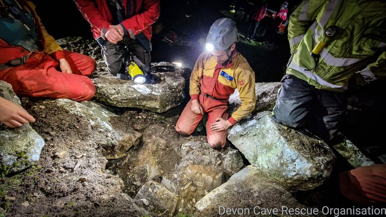 JESS the ‘beautiful dog’ was at the centre of a dramatic multi-agency rescue operation after she became trapped underground at Haytor. Pictures: Devon Cave Rescue Organisation and Buckfastleigh Fire Station (Oc 2022)