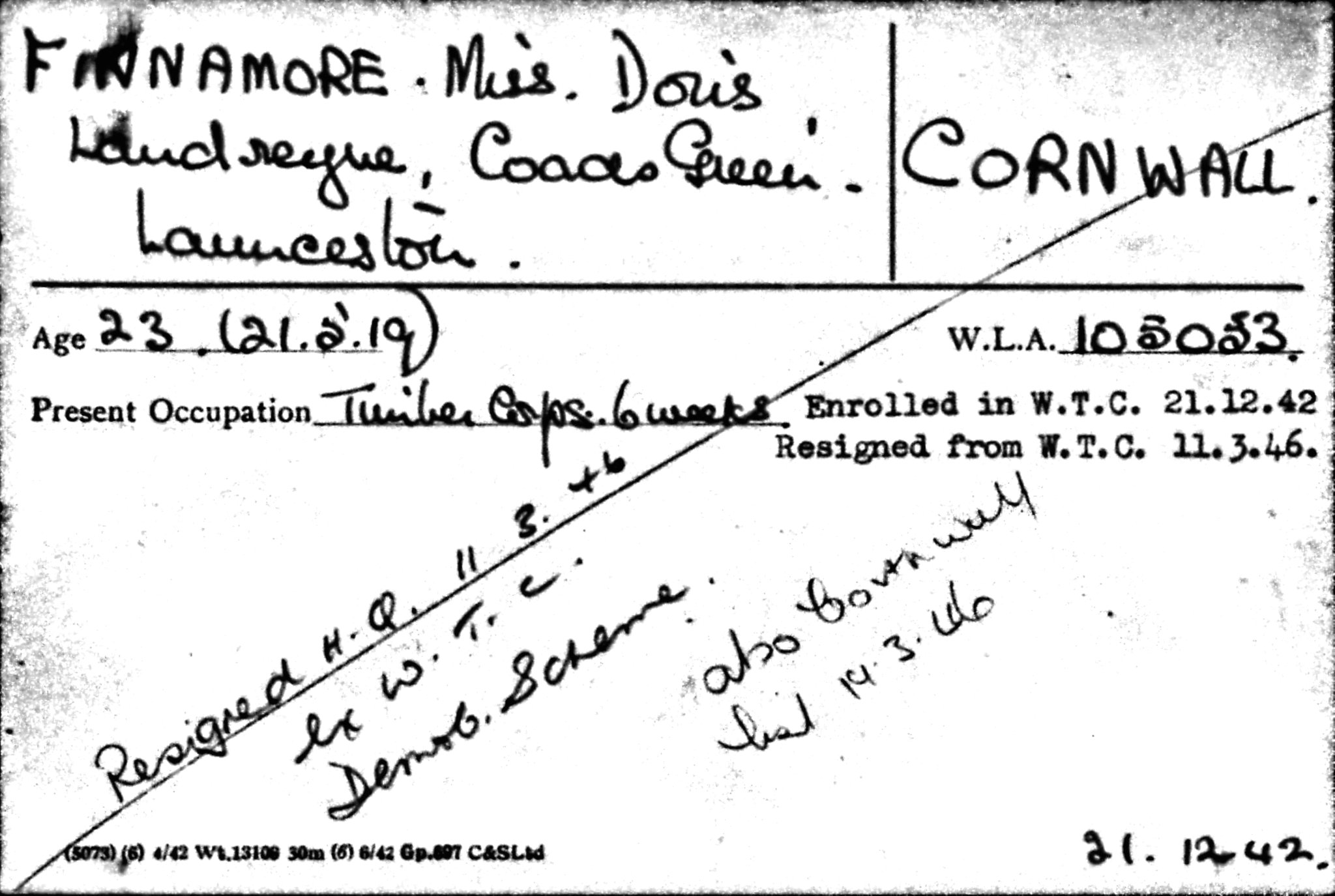ABOVE: The Women’s Land Army; Below, Doris Finnamore’s Women’s Land Army Index Card