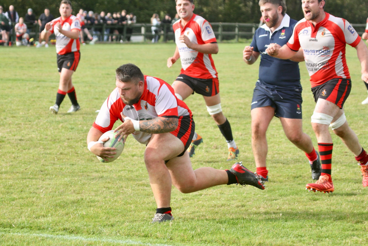 CLOCKWISE FROM LEFT: Tavistock prop Charlie Charlton goes over to score; Jack Giddy breaks the game line supported by Seb Cox; Centre Ethan Lamerton leaves the defenders on the ground; Jack Lewis gets it down over the try line.
