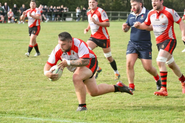 CLOCKWISE FROM LEFT: Tavistock prop Charlie Charlton goes over to score; Jack Giddy breaks the game line supported by Seb Cox; Centre Ethan Lamerton leaves the defenders on the ground; Jack Lewis gets it down over the try line.