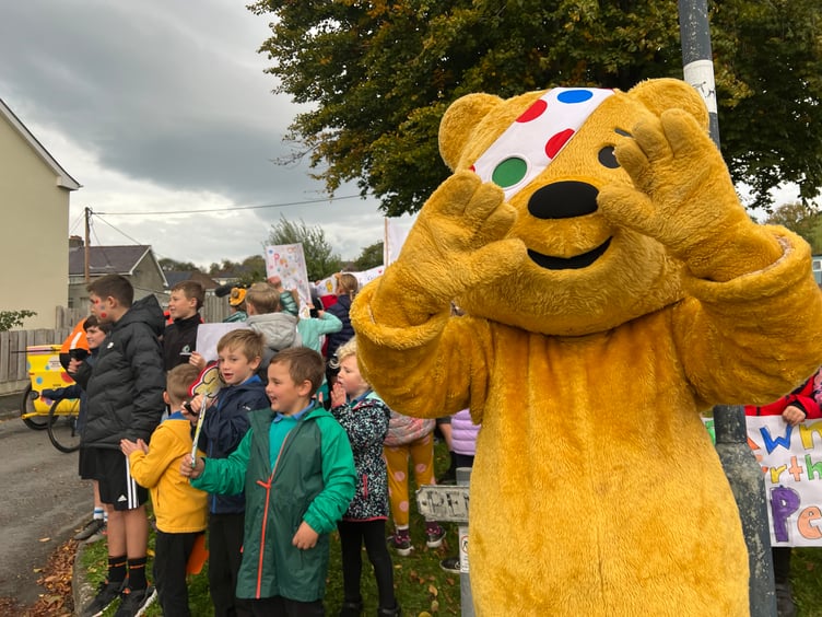 Pudsey with schoolchildren in Capel Bangor