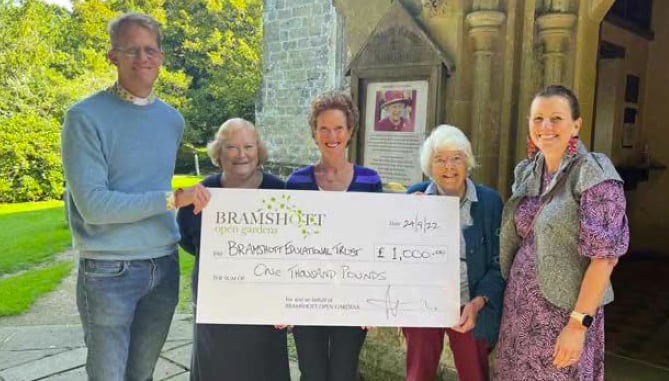 Bramshott Open Gardens presents a cheque for £1,000 to the Bramshott Educational Trust, October 2022.