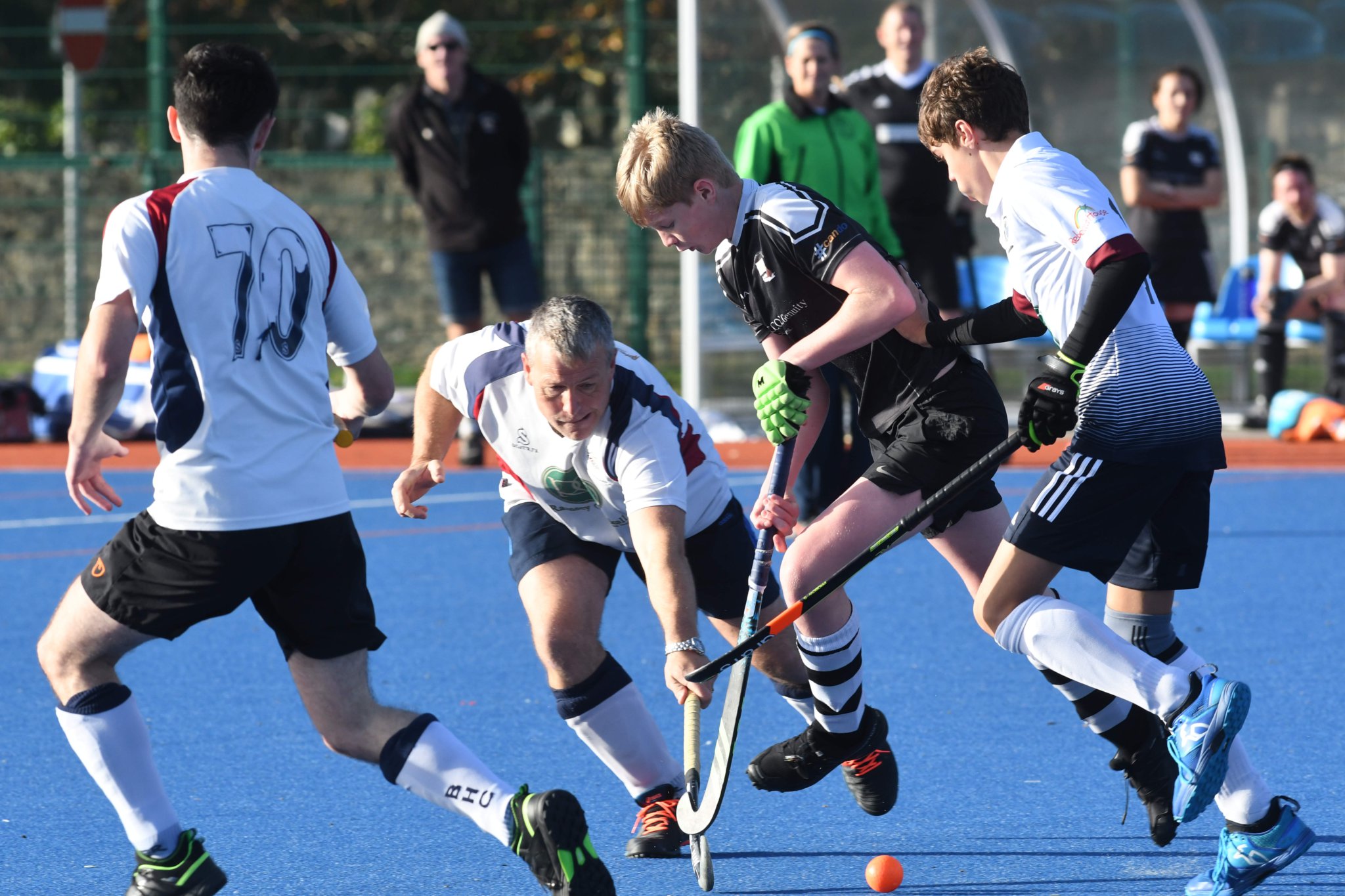 Josh Dougal of Vikings D (black attire) is tackled by Matt Greenbank at full stretch for Bacchas C during the Mixed Division One match at the NSC on Saturday (DK221022(112))