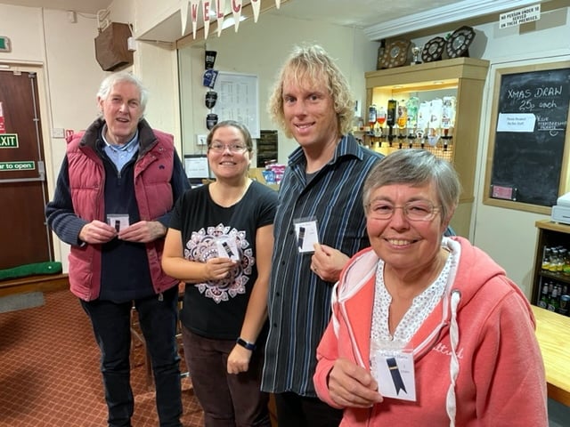 During the evening Years of Service Awards were presented to Graeme Ugle (five years), Claire Blaze (20 years), Apollo Blaze, (15 years) and Christine Harris (five years). Apollo (third from left) just beat his wife Claire Blaze (second from left) to gain the winning trophy
