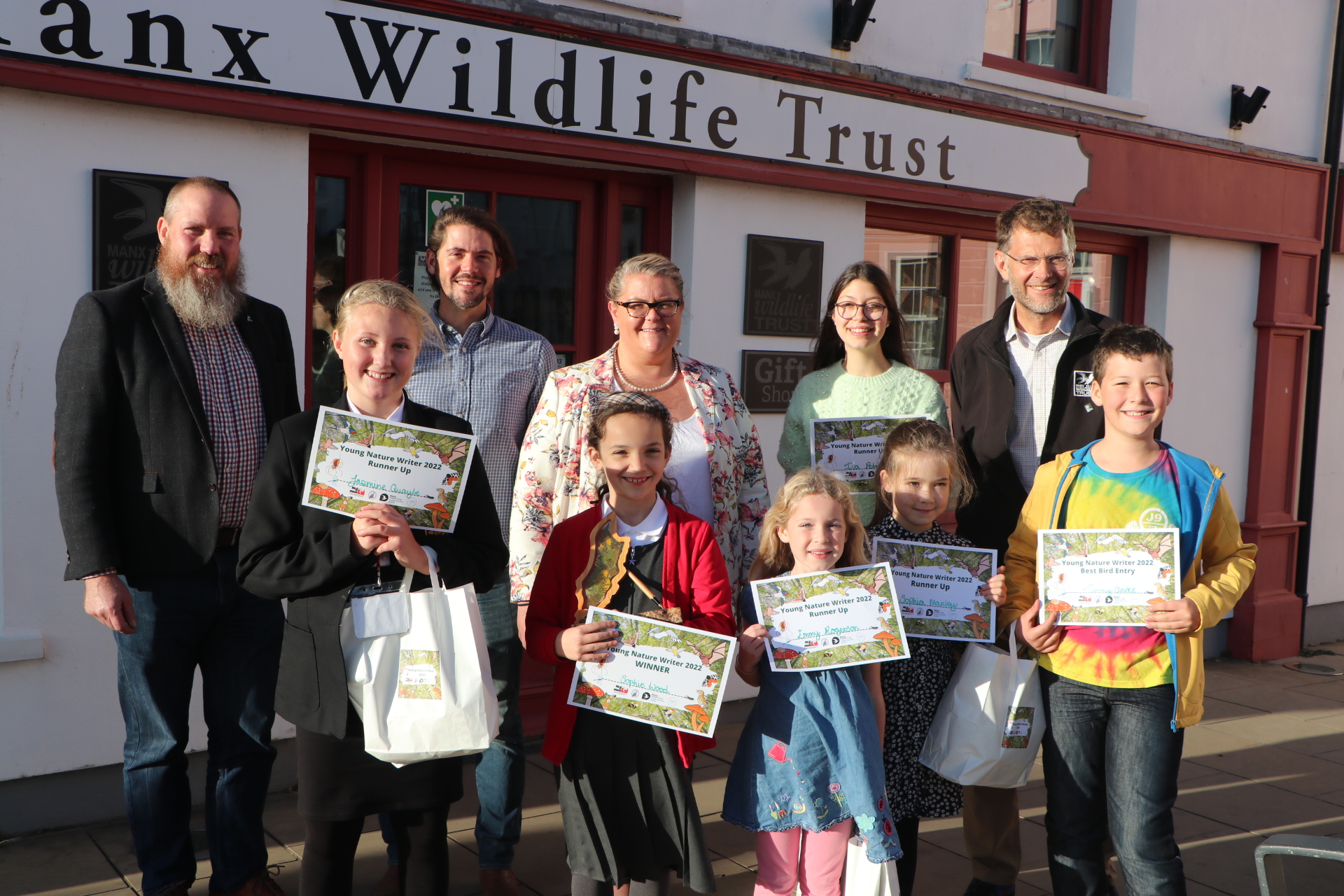 Winners and runners up of the Young Nature Writer 2022 competition with, from left, Graham Makepeace-Warne, engagement manager of Manx Wildlife Trust; Rob Fisher of the Manx Ornithological Society, Clare Barber MHK, vice-chair of UNESCO Biosphere Isle of Man, and Leigh Morris, chief executive of the Manx Wildlife Trust