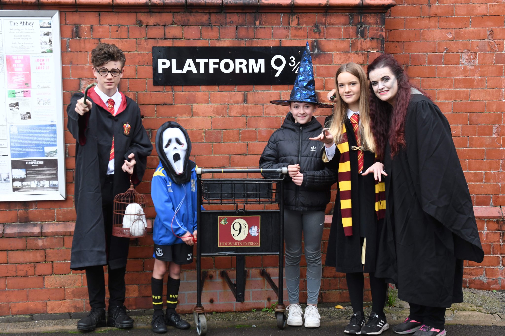 The Wizard Express at Douglas railway station - pictured left to right: Cory Corkhill, Liam Watt (8), Holly Watt (11), Sienna Bennett and Lottie Bennett