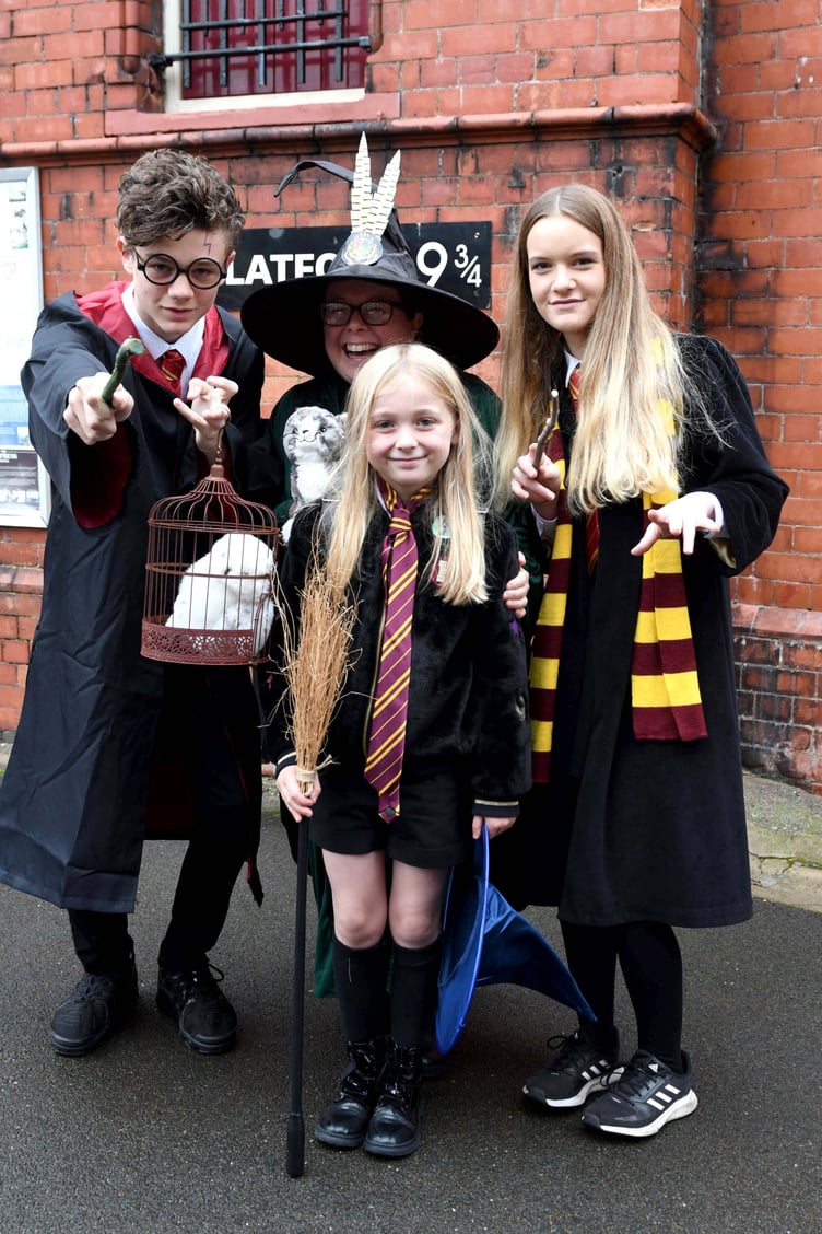 The Wizard Express at Douglas railway station - pictured is Cory Corkhill (left) and Sienna Bennett (left) with mum Vicky Johnson and her daughter Abi Johnson (8)