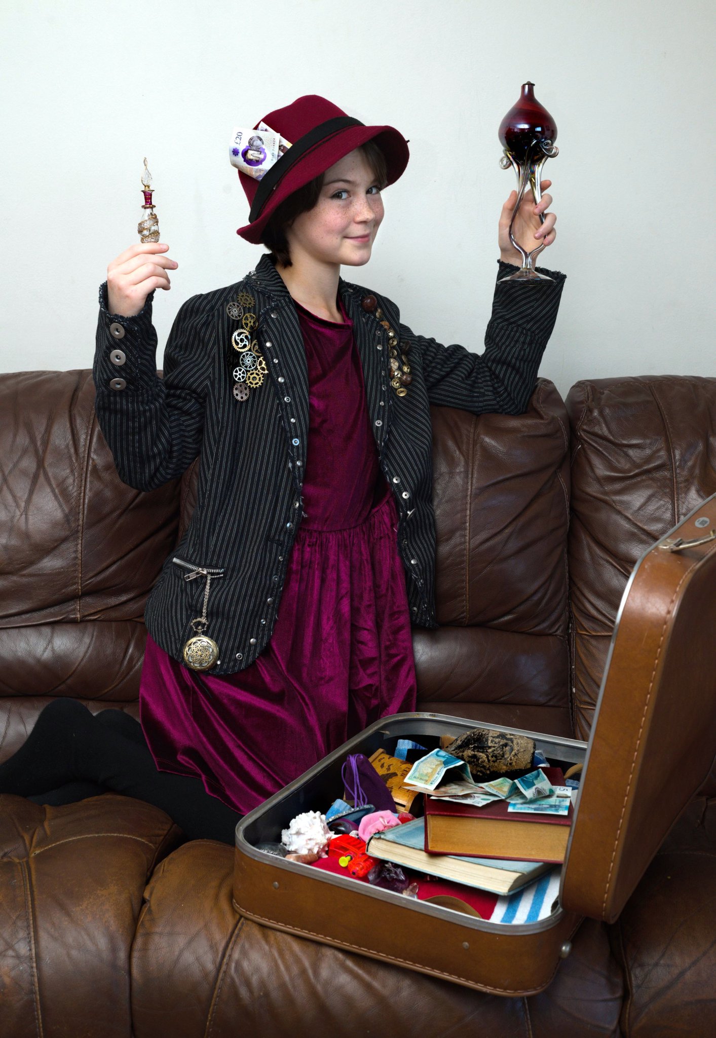 Faith, above, selling her antiques , and left, ready for her role in Immortium.