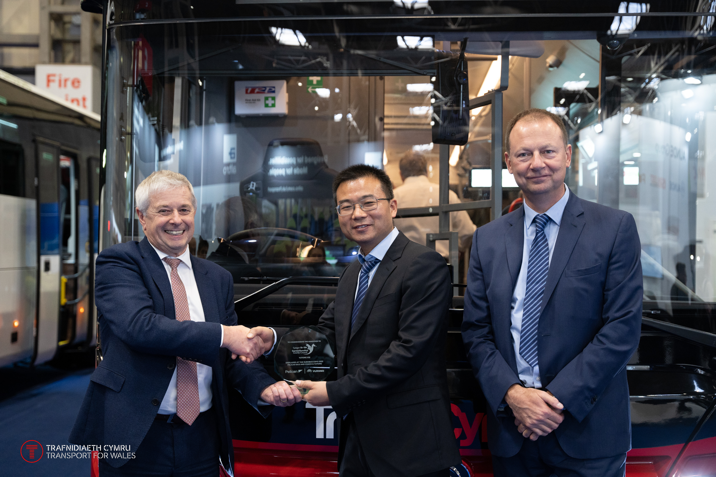 Left to right - Stephen Pilliner, Head of Transportation and Highways (Carmarthenshire County Council), Herbert He, Supervisor of Europe Distribution Sales (Yutong Bus Company Limited), Richard Crump, Managing Director (Pelican Bus & Coach)