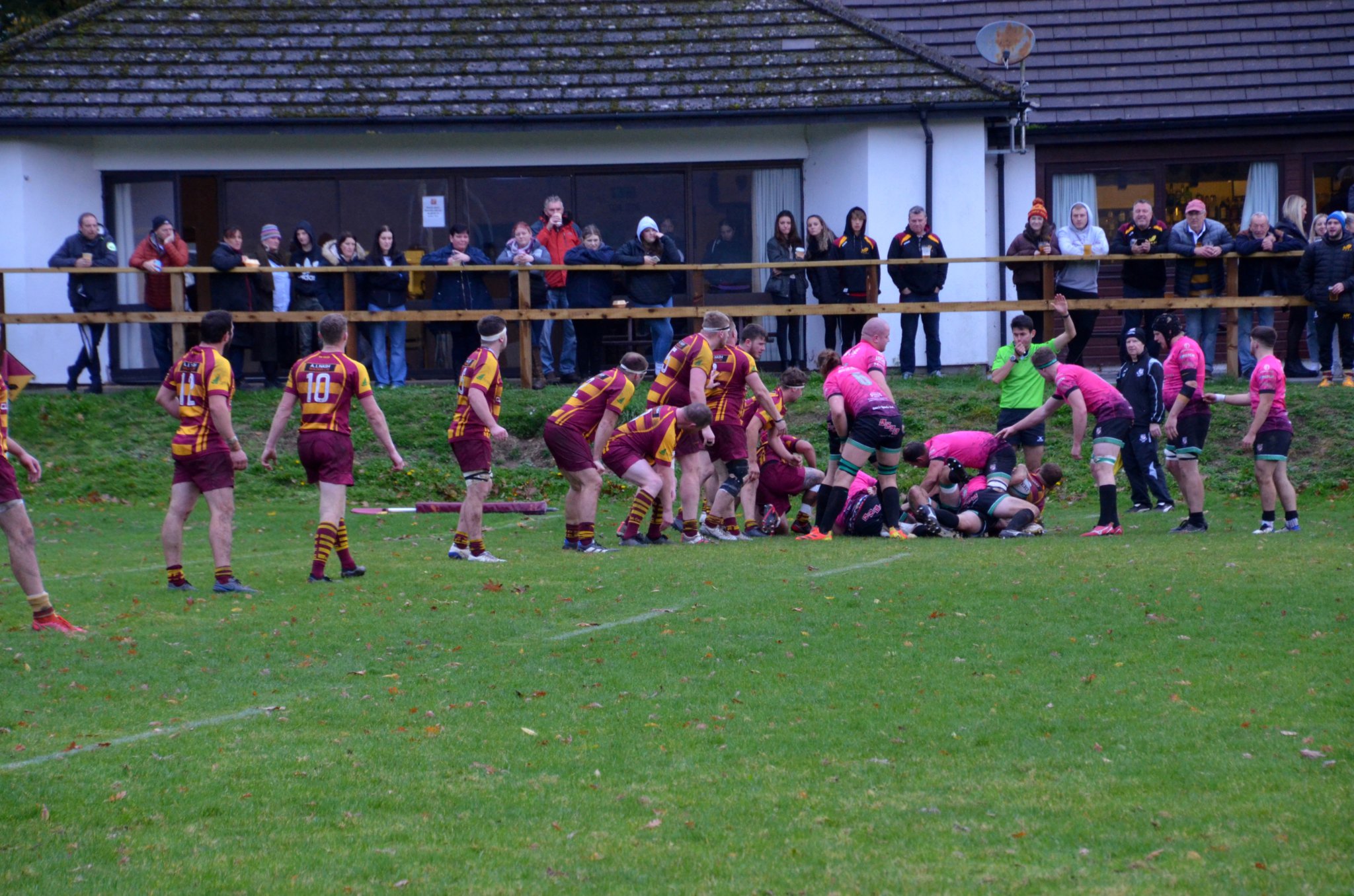 ABOVE: Okehampton battle to defend the try line. ABOVE RIGHT: Oke scrum half Richard Bolt gets the ball away. BELOW: Oke flyhalf Dan Fogerty offloads the ball. Pictures by Dave Potter.
