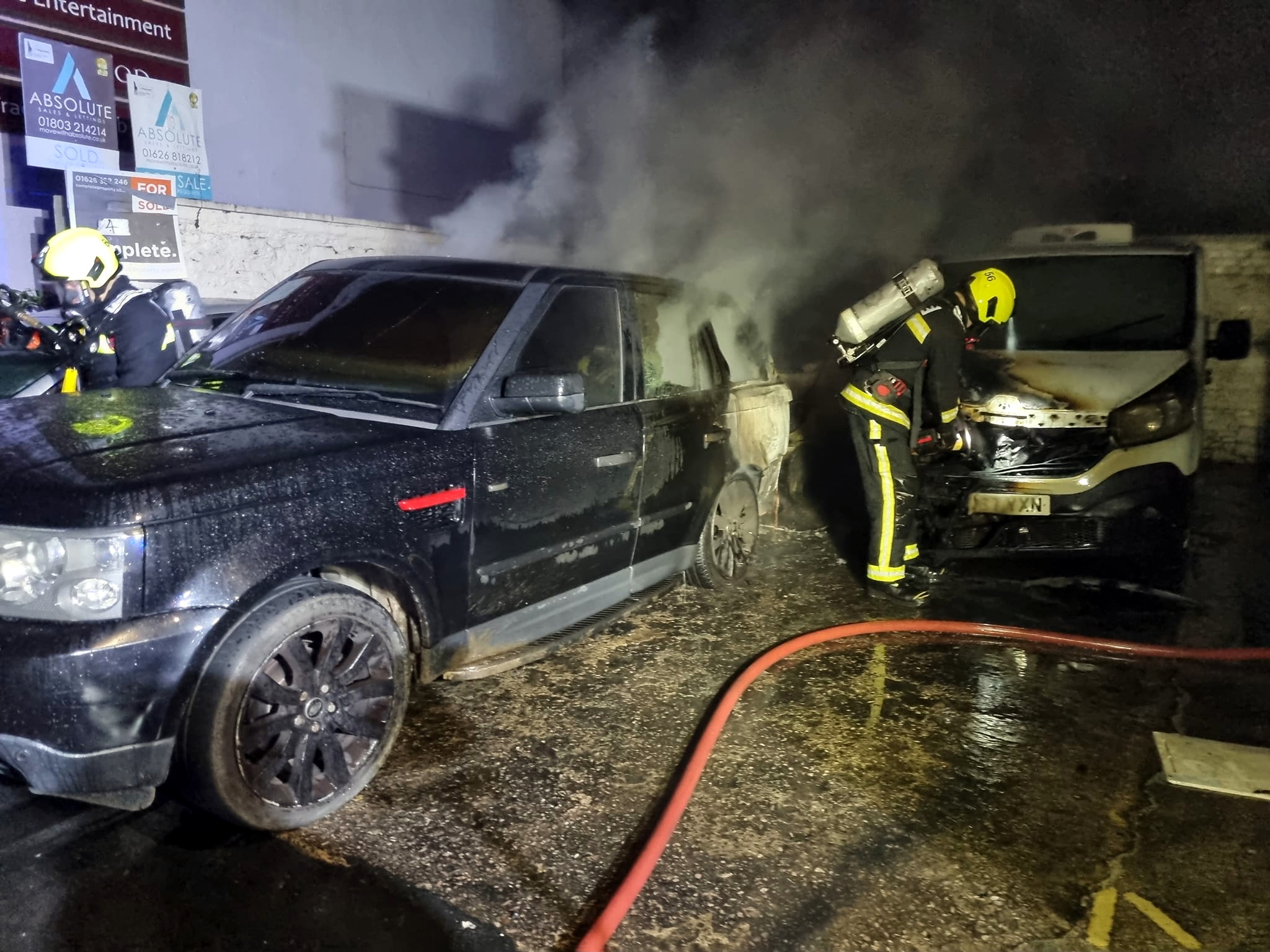 FIVE cars were burning when Newton Abbot Firefighters reached this site just off Queen Street. Picture: Newton Abbot Fire Station