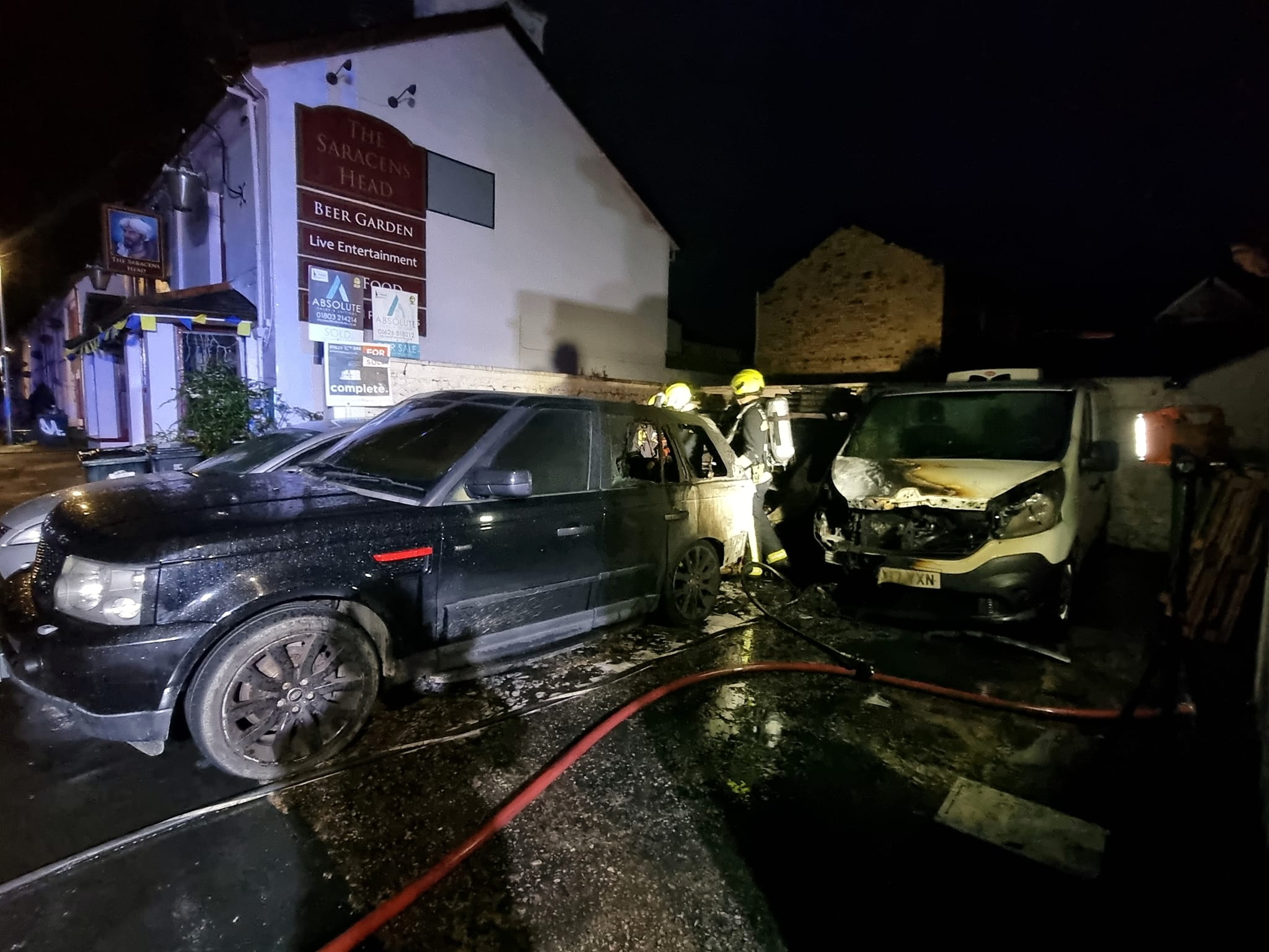 FIVE cars were burning when Newton Abbot Firefighters reached this site just off Queen Street. Picture: Newton Abbot Fire Station