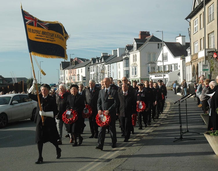 The Remembrance Service march to the war memorial at St Peter’s Church, Aberdyfi