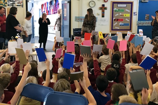 Party for new headteacher Fiona Micklefield (hands over mouth) at St Lawrence CE Primary School, Alton, October 7th 2022.