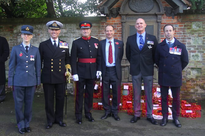 Holybourne Act of Remembrance, November 12th 2022. From left: Wg Cdr Rebecca Bassett (RAF Odiham), Capt John Fitzpatrick RN, Deputy Lord Lieutenant of Hampshire Alan Titchmarsh, Maj (Retd) Adrian Stratta PARA, WOII Mark Desborough PARA, Col Max Joy REME.
