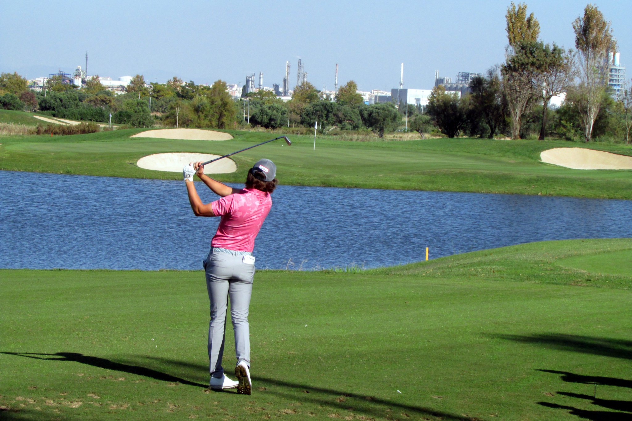 Luke hits a great tee shot at the seventh on the Lakes Course.