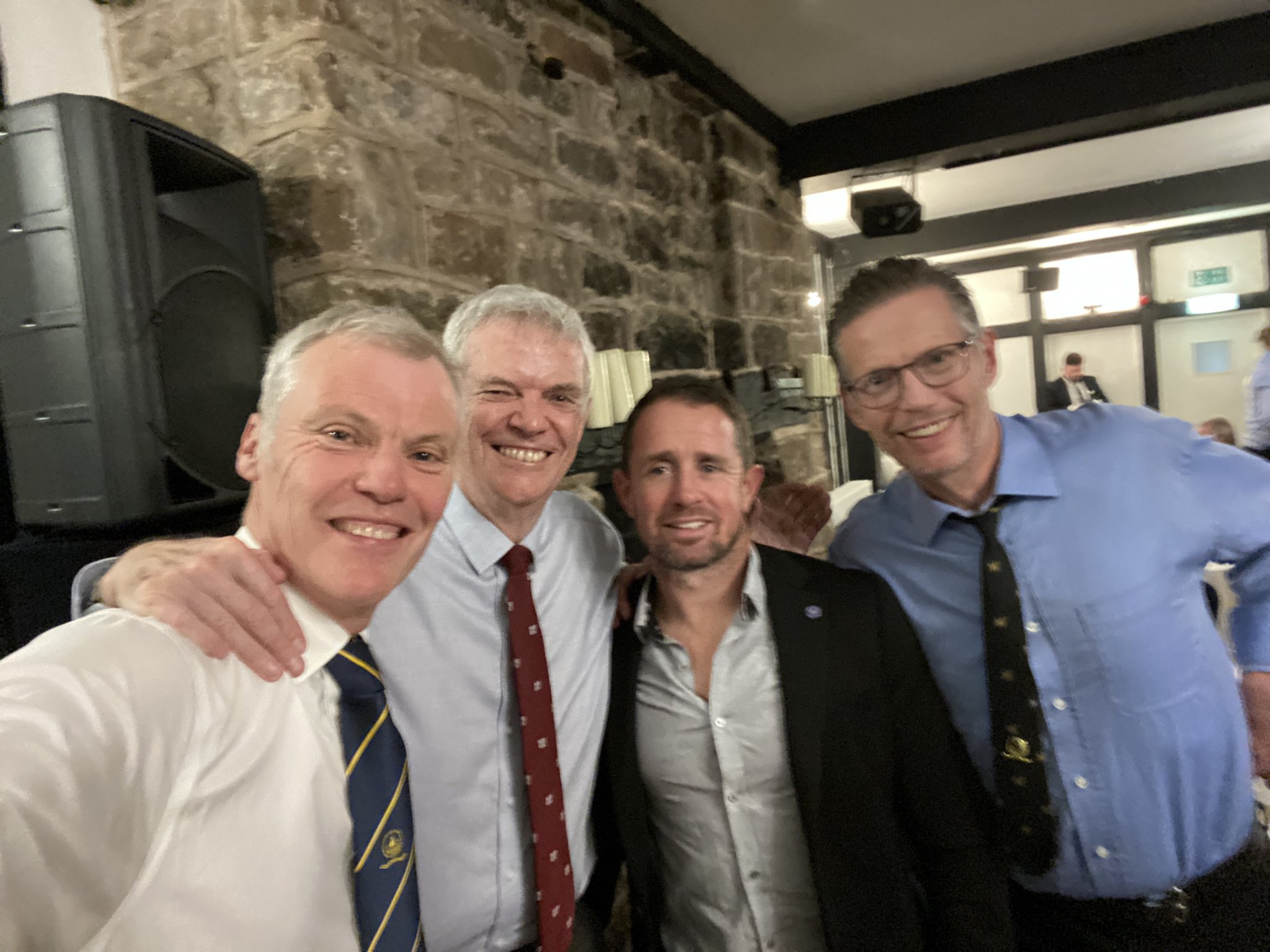 With Wales star Shane Williams at Monmouth RFC’s 150th anniversary dinner (from left) are
Gareth Roberts,
Alan Hughes
and Alun Hughes;
below left with past players
and club
stalwarts Paul and Andrew Scourfield; and below right, Shane and AdrianTew.
Pics: GARETH ROBERTS.