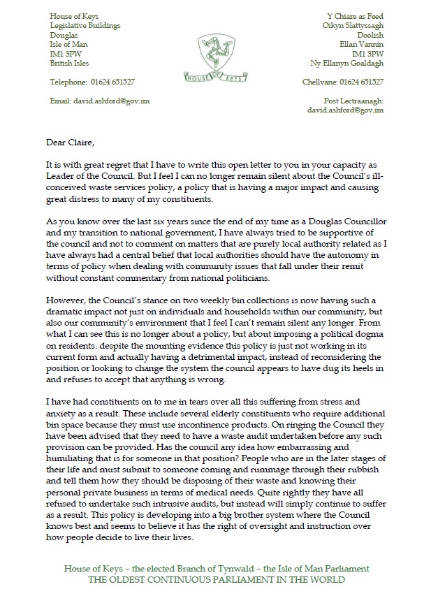 David Ashford's letter about Douglas Bins