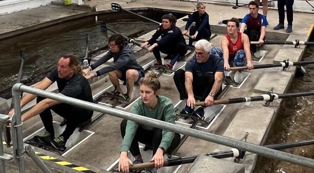 The Ross RC junior girls’ quad, above, and rowing on the ‘tank’ below