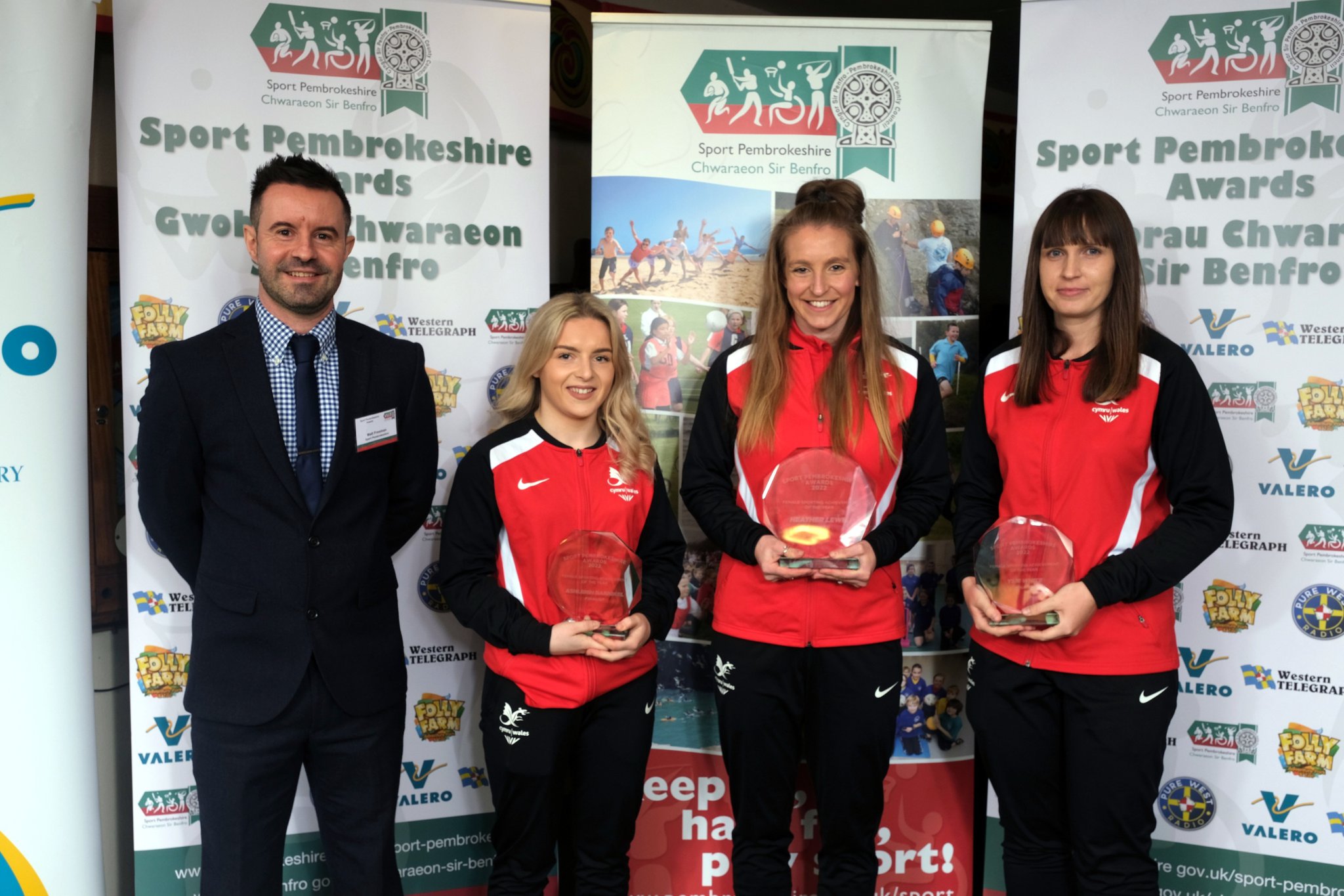 Female Sporting Achievement: Pictured is winner Heather Lewis with finalists Ashleigh Barnikel and Ysie White and Matt Freeman of Sport Pembrokeshire.
