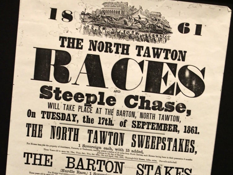 The 1861 poster advertising North Tawton Races and Steeplechase, printed by Thomas Simmons of Okehampton. SR 6456