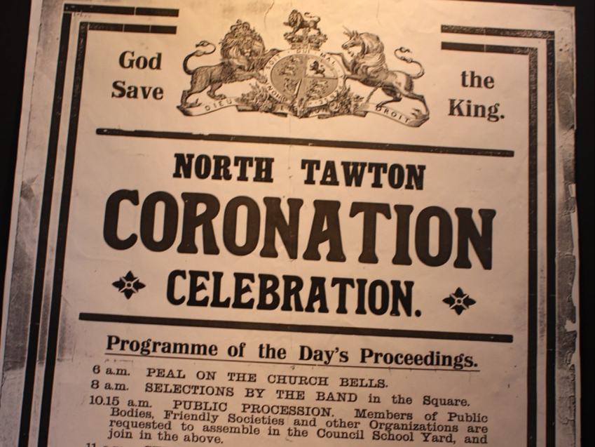 Poster printed by E Barnes, Artistic Poster Printer, Crediton, listing the local events for the Coronation of King George V in 1911. SR 6466