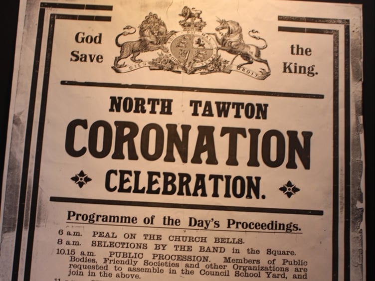 Poster printed by E Barnes, Artistic Poster Printer, Crediton, listing the local events for the Coronation of King George V in 1911. SR 6466
