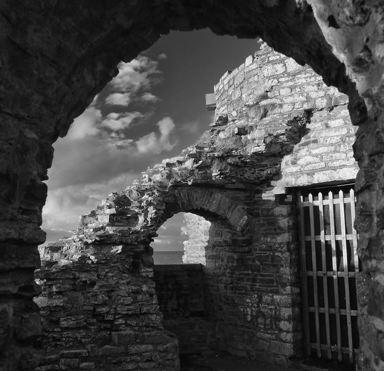 The arches of Aberystwyth Castle, captured in black and white by Margaret Pugnet