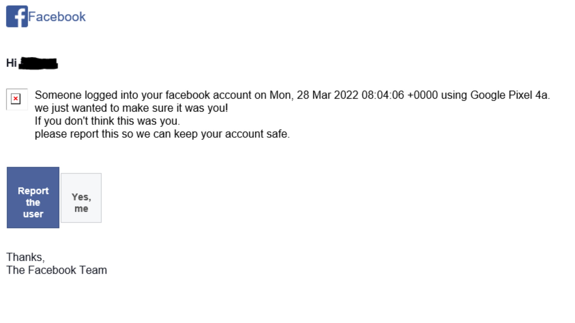 Facebook phising message from scammer