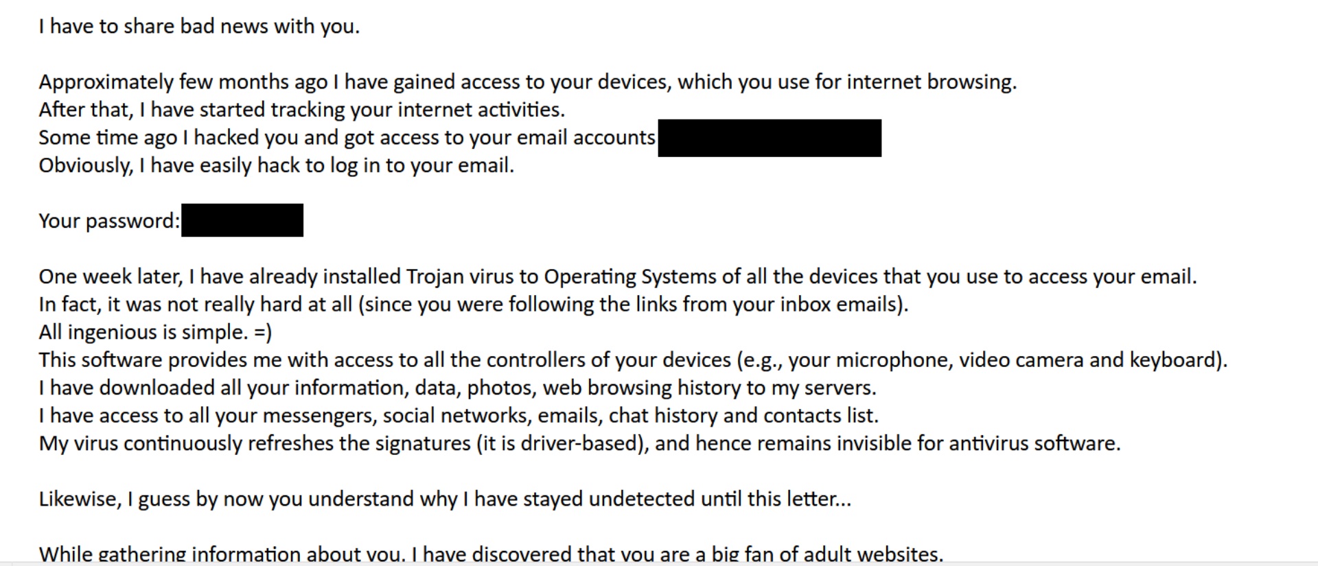 Sextortion Email from scammer
