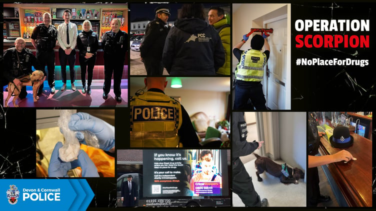 A montage of police officers involved in Operatiobn Scorpion in Plymouth with the CrimeStoppers Advan