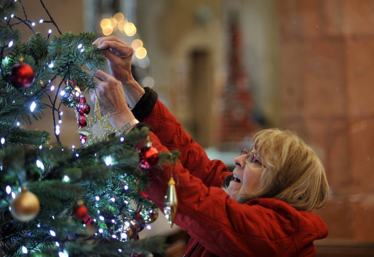 Photo: Steve Pope MDA071222D_SP011
Christmas tree festival at St Mary's Church, Kingskerswell. Final tree tweaks from Pam Vooght