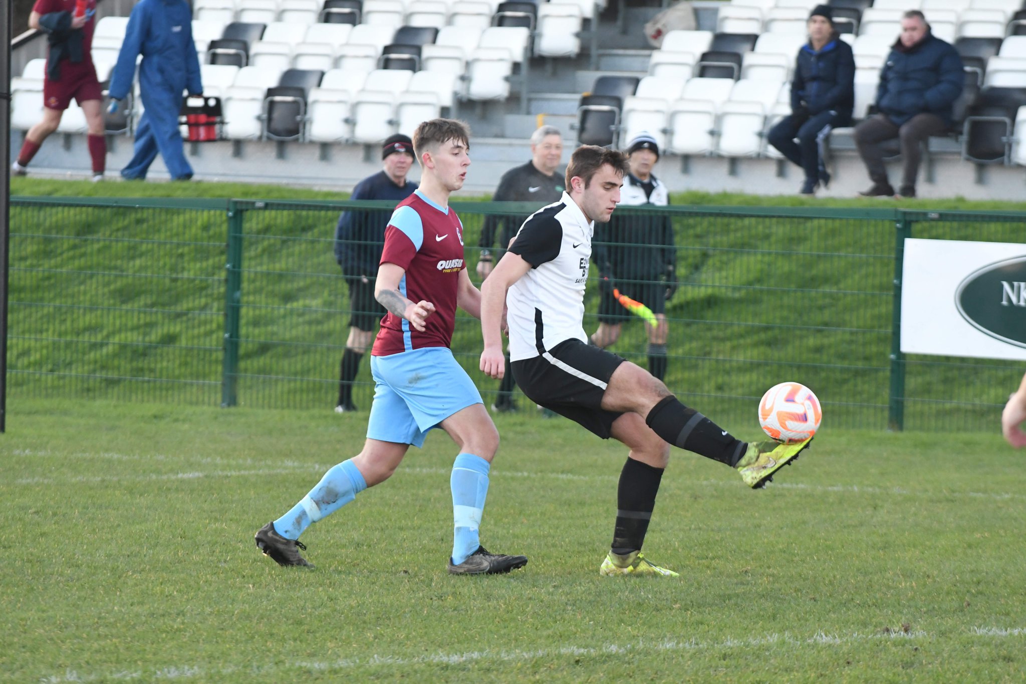 Corinthians’ Joe Middleton controls the ball as he attempts to hold off a Union Mills opponent during the weekend’s top-four clash at Ballafletcher (Dave Kneale DK221210(187))
