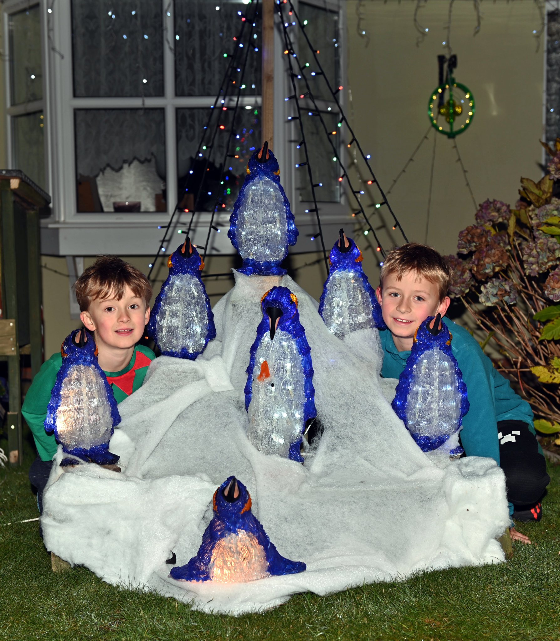 ABOVE: Meeting the Penguins are Josh and Jacob; Left, Trecarne Gardens at Delabole all lit up. Pictures: Adrian Jasper