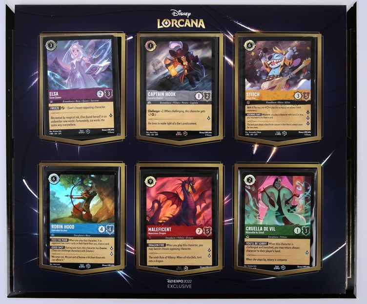 Disney Lorcana first-edition sets of six Disney cards – each lot has an estimate of £2,000 to £4,000