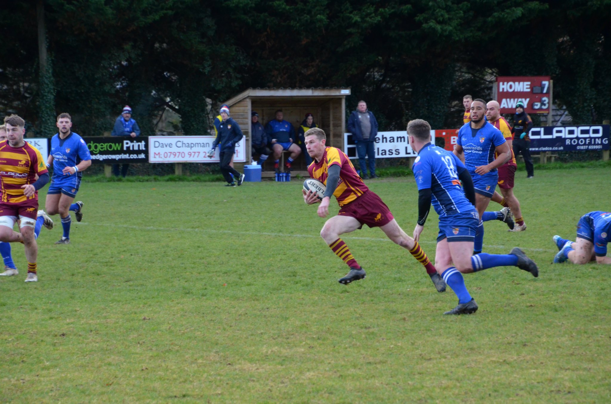 CLOCKWISE FROM ABOVE: Oke no 6 Saul Holliday crosses the try line to score; Oke defender makes a try saving tackle; Oke scrum-half Richie Bolt sprints over unopposed to score; Oke full-back Leon Horn scores in the corner; Oke captain Dan Fogerty sprints into the attack.