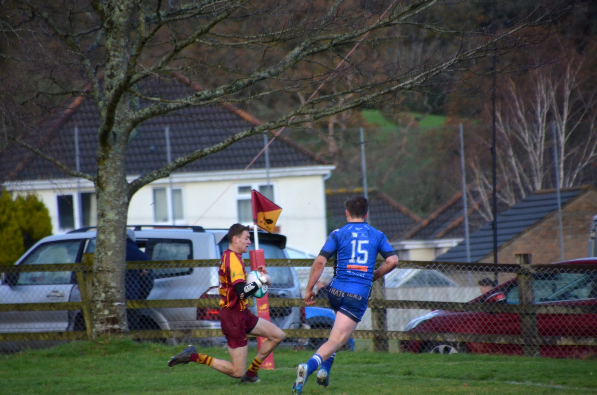 CLOCKWISE FROM ABOVE: Oke no 6 Saul Holliday crosses the try line to score; Oke defender makes a try saving tackle; Oke scrum-half Richie Bolt sprints over unopposed to score; Oke full-back Leon Horn scores in the corner; Oke captain Dan Fogerty sprints into the attack.