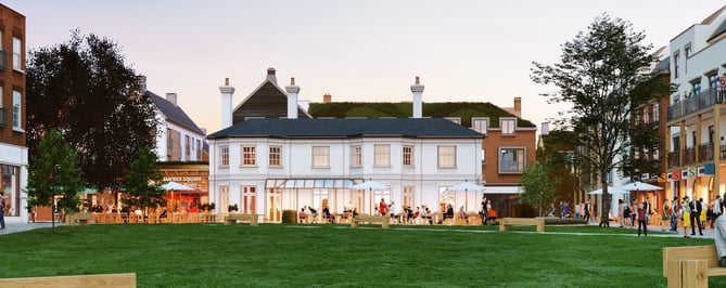A visualisation of Brightwell House at the heart of the Brightwells Yard development