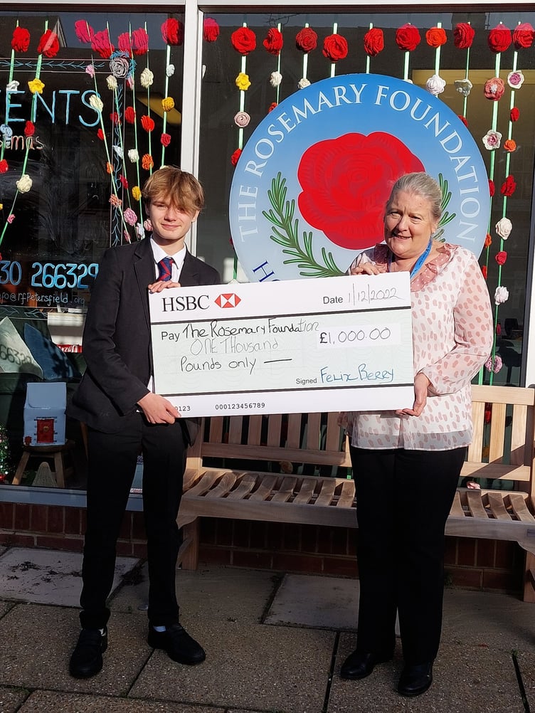 Felix Berry raised £1,000 for the Rosemary Foundation with a quiz in Sheet village hall