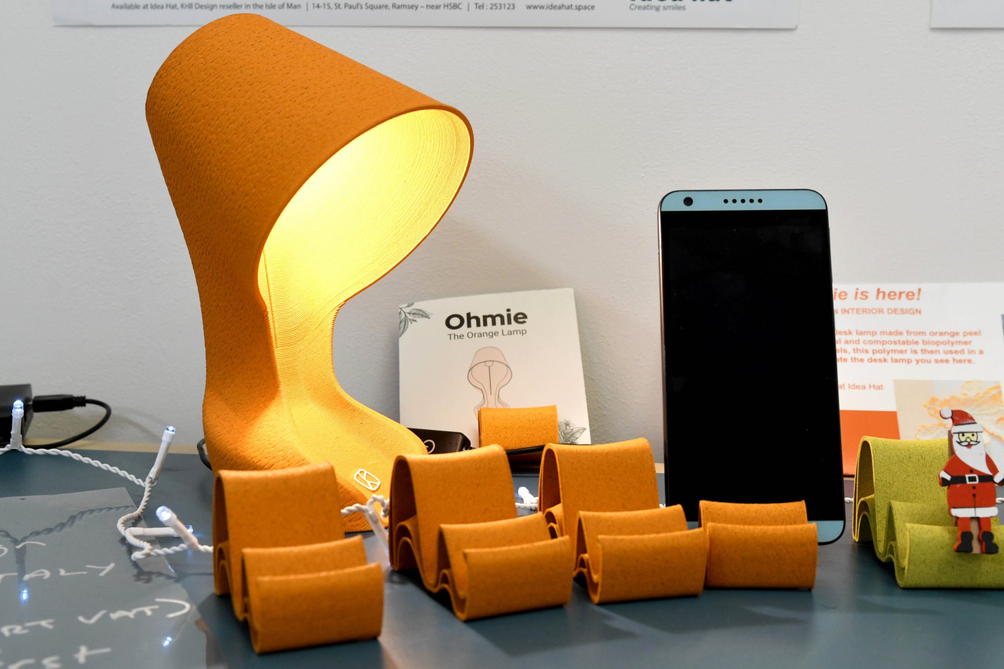 ‘Idea Hat’ in Ramsey - pictured are products including a desk lamp and mobile phone holders made from recycled orange peel