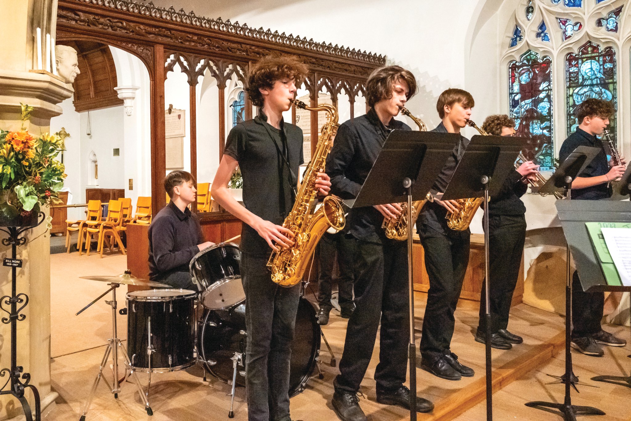 ALL THAT JAZZ – (above) The Woking High School jazz band with, left to right, Max (drums), James (tenor sax), Max and Olly (both alto sax), David (trumpet), Oscar (clarinet) and Ollie (bass guitar),get the concert swinging.