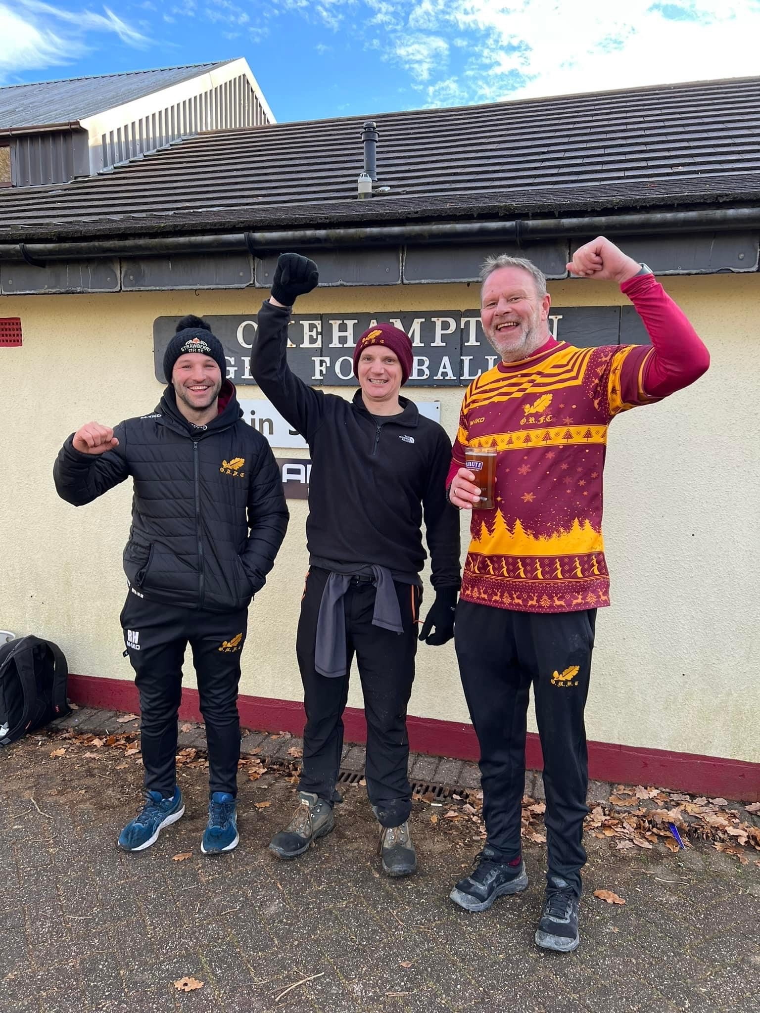 MAIN: Rory Honeychurch (left), Jamie Stevens (centre) and Pete Gross (right) celebrate outside Okehampton RFC’s clubhouse at the end of their sponsored walk. INSET: Jamie (left) and Pete at a chilly Launceston RFC at the start of their walk.